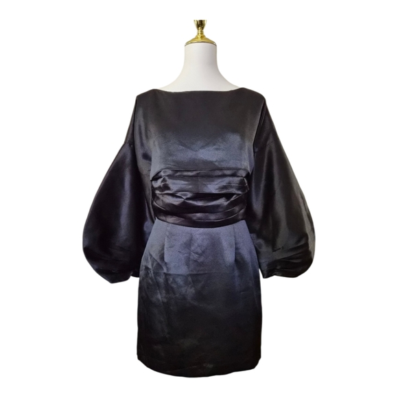 h:ours Women’s Black Satin Balloon Sleeve Mini Dress Size 0 NWT - Picture 1 of 6